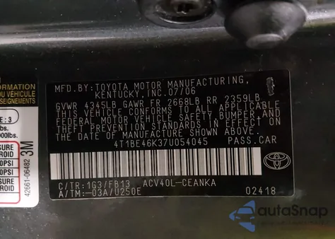 2007 Toyota Camry Le из США, поврежденный, VIN 4T1BE46K37U054045